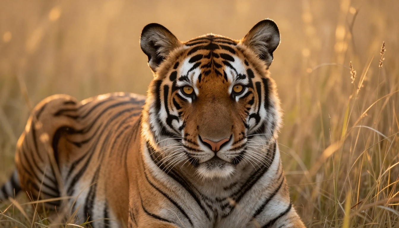 Bengal tiger in golden savanna grass at dusk