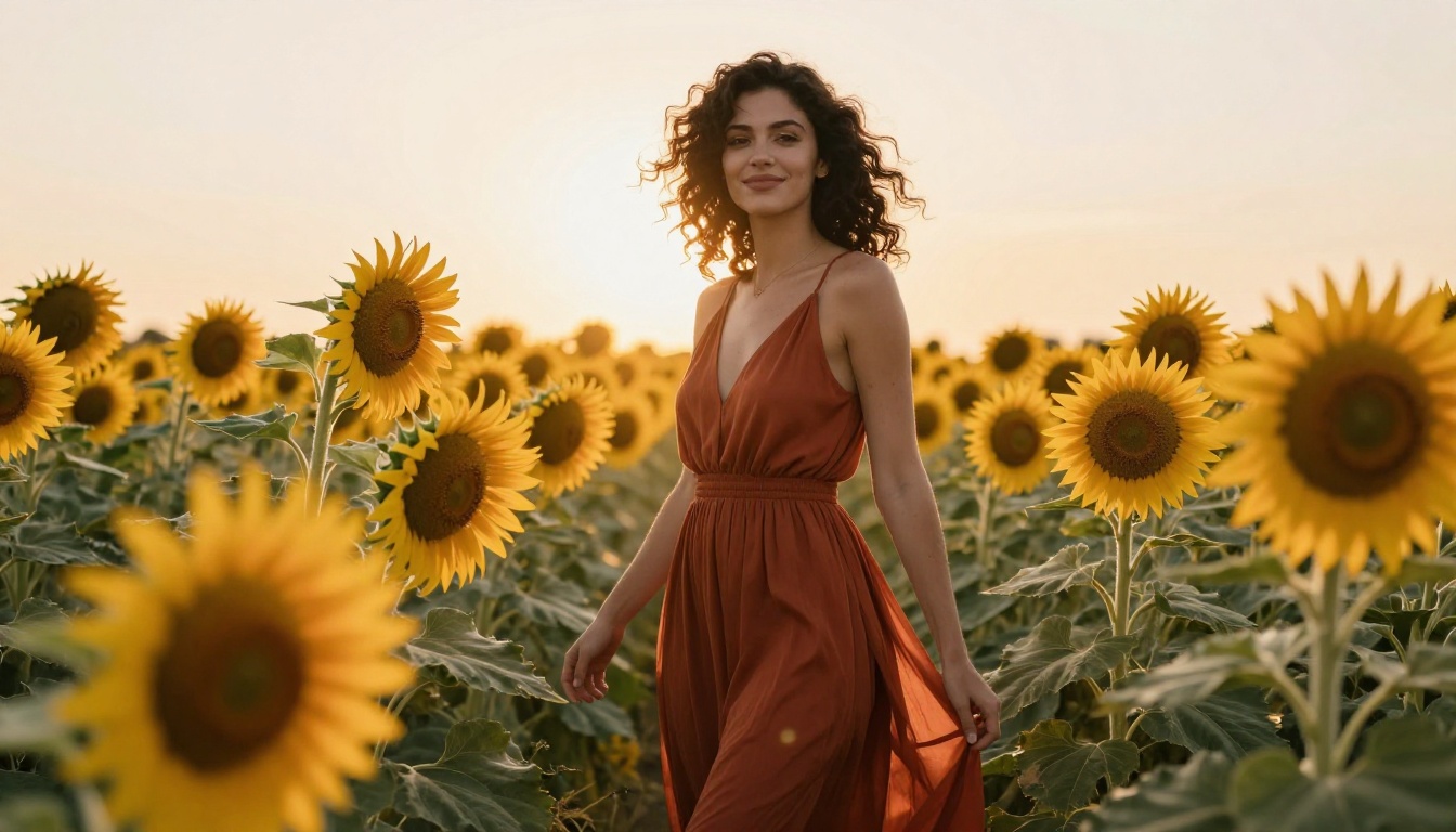 Woman in rust sundress in sunflower field, backlight halo, telephoto compression, Kodak Portra 400 editorial