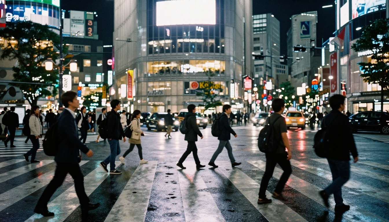 Rainy night Tokyo street crossing with colorful light reflections