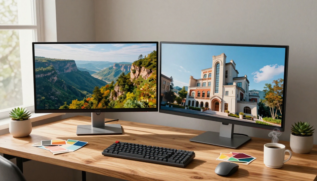 Creative workspace with dual monitor setup showing AI-generated images Creative workspace with dual monitor setup showing AI-generated images