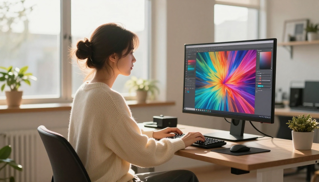 Creative professional at workstation with morning light, focused on AI image generation Creative professional at workstation with morning light, focused on AI image generation