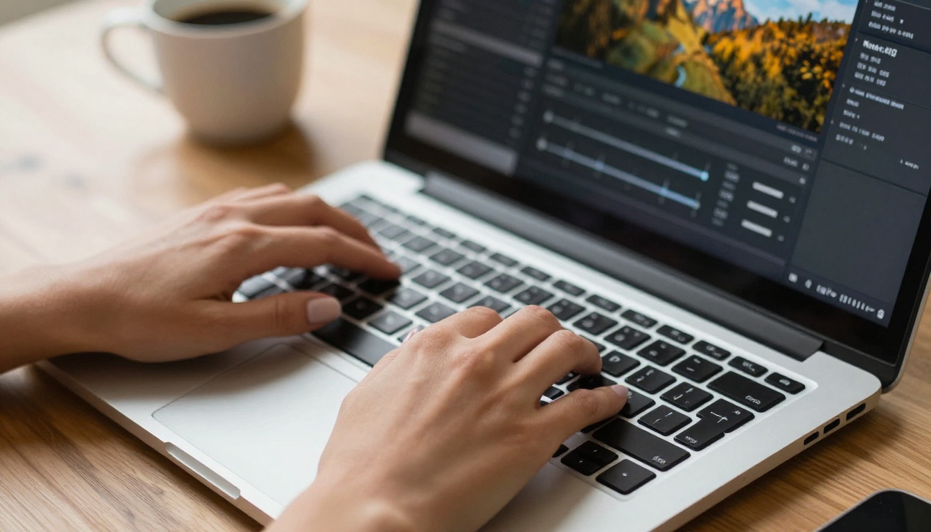 Close-up of hands configuring 4K AI image generation settings on a laptop