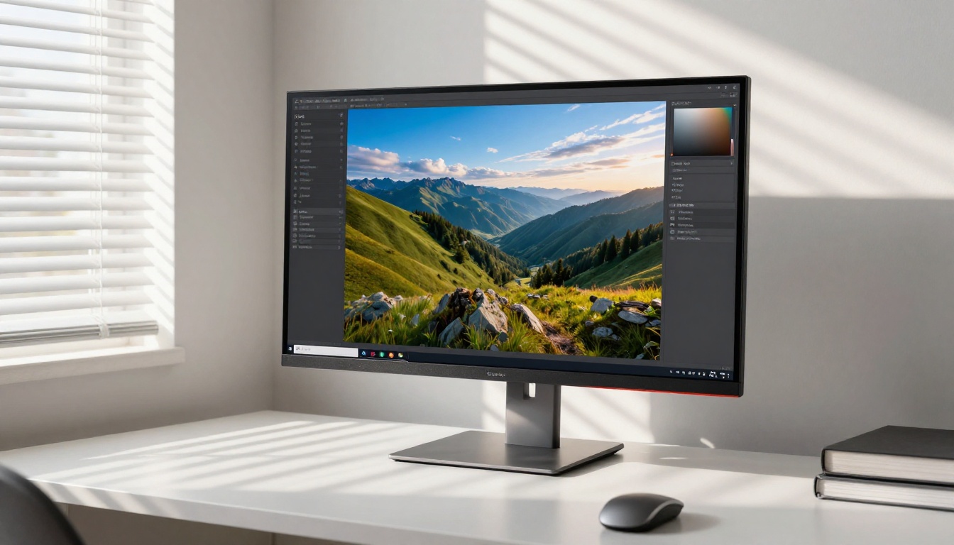Low-angle shot of a professional monitor displaying a stunning 4K AI-generated landscape