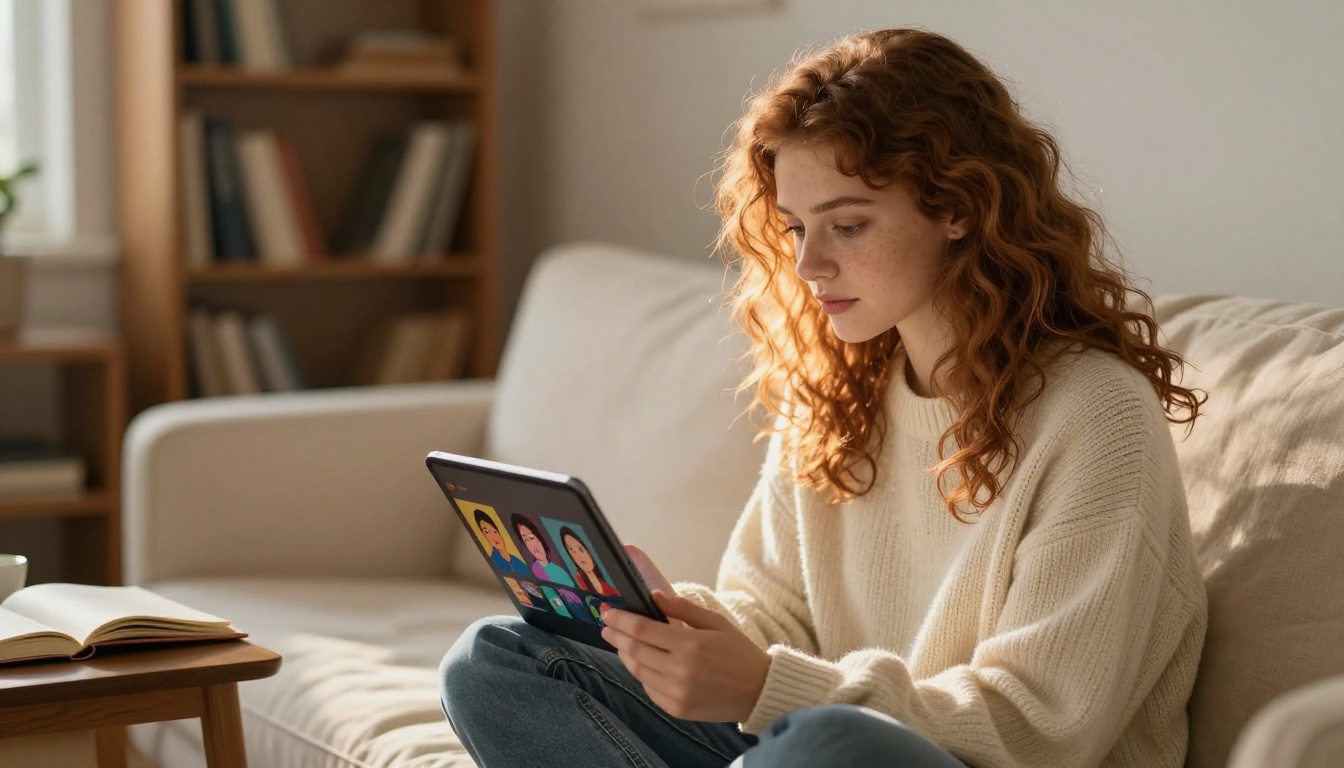 Young woman with wavy auburn hair browsing AI-generated portraits on a tablet in a cozy living room