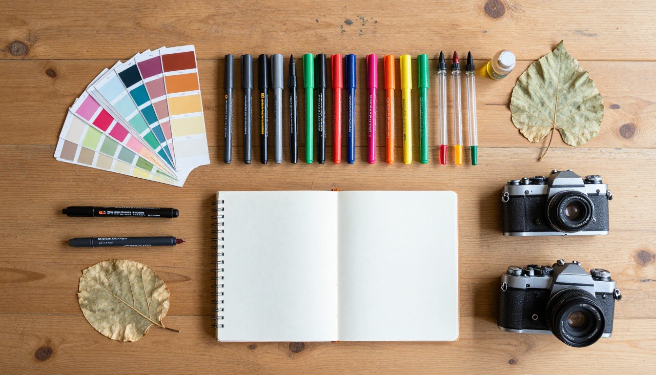 Flat lay of creative professional tools showing variety of artistic instruments