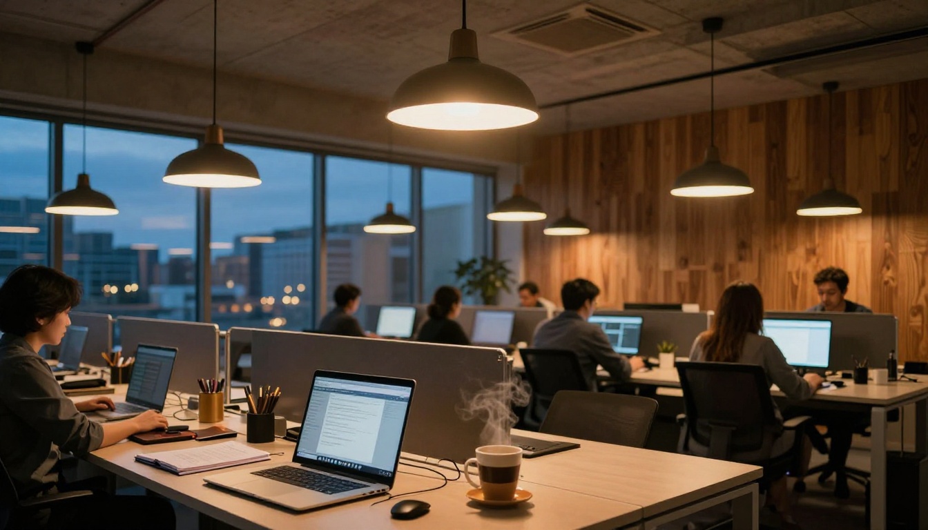 Modern office at dusk with creative professionals working on AI generation projects