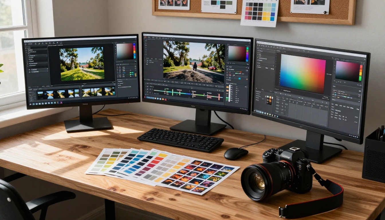 Modern creative workspace with multiple screens showing color-graded 4K photography
