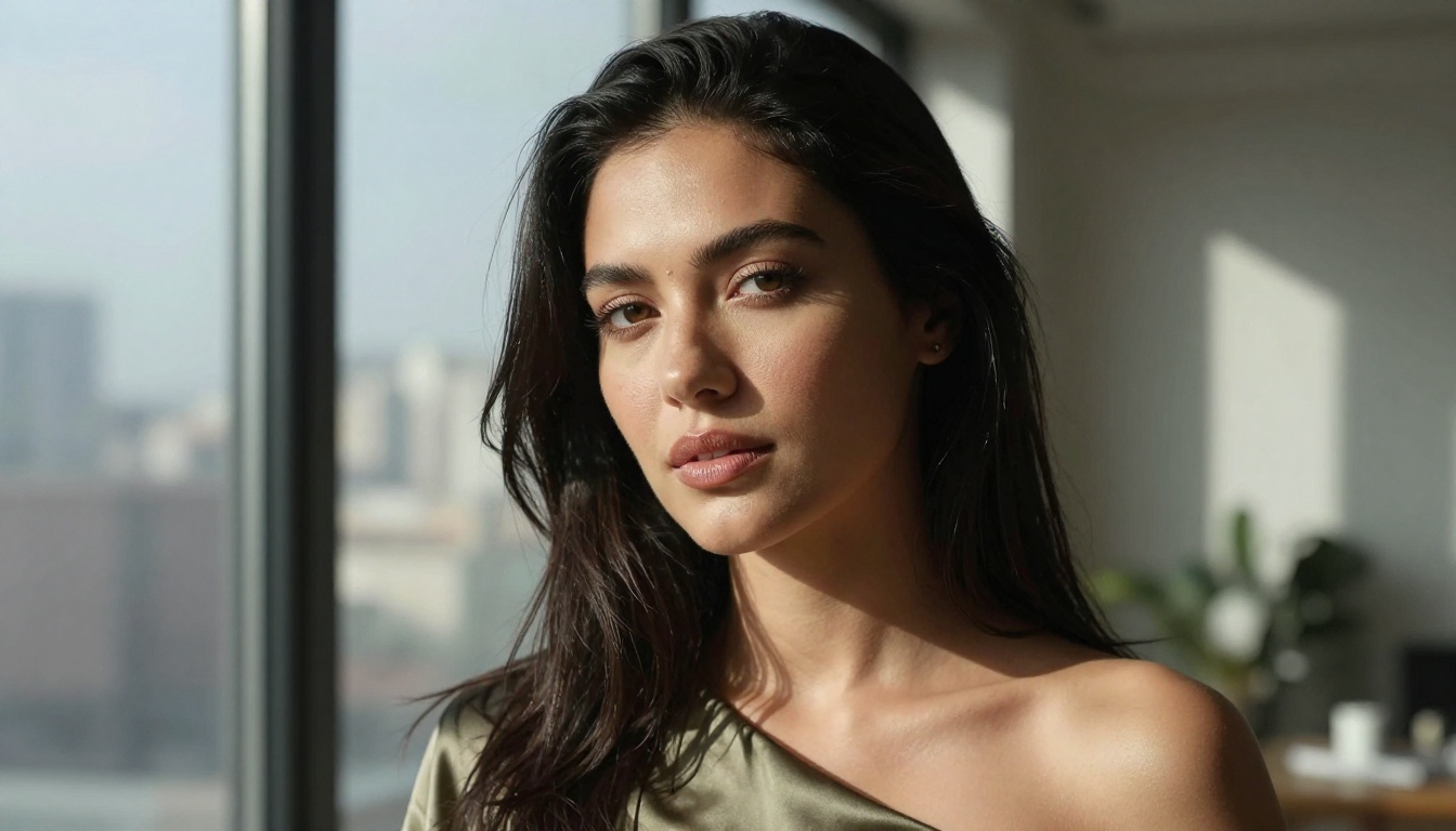 Confident woman with olive skin in silk off-shoulder top standing near floor-to-ceiling studio windows