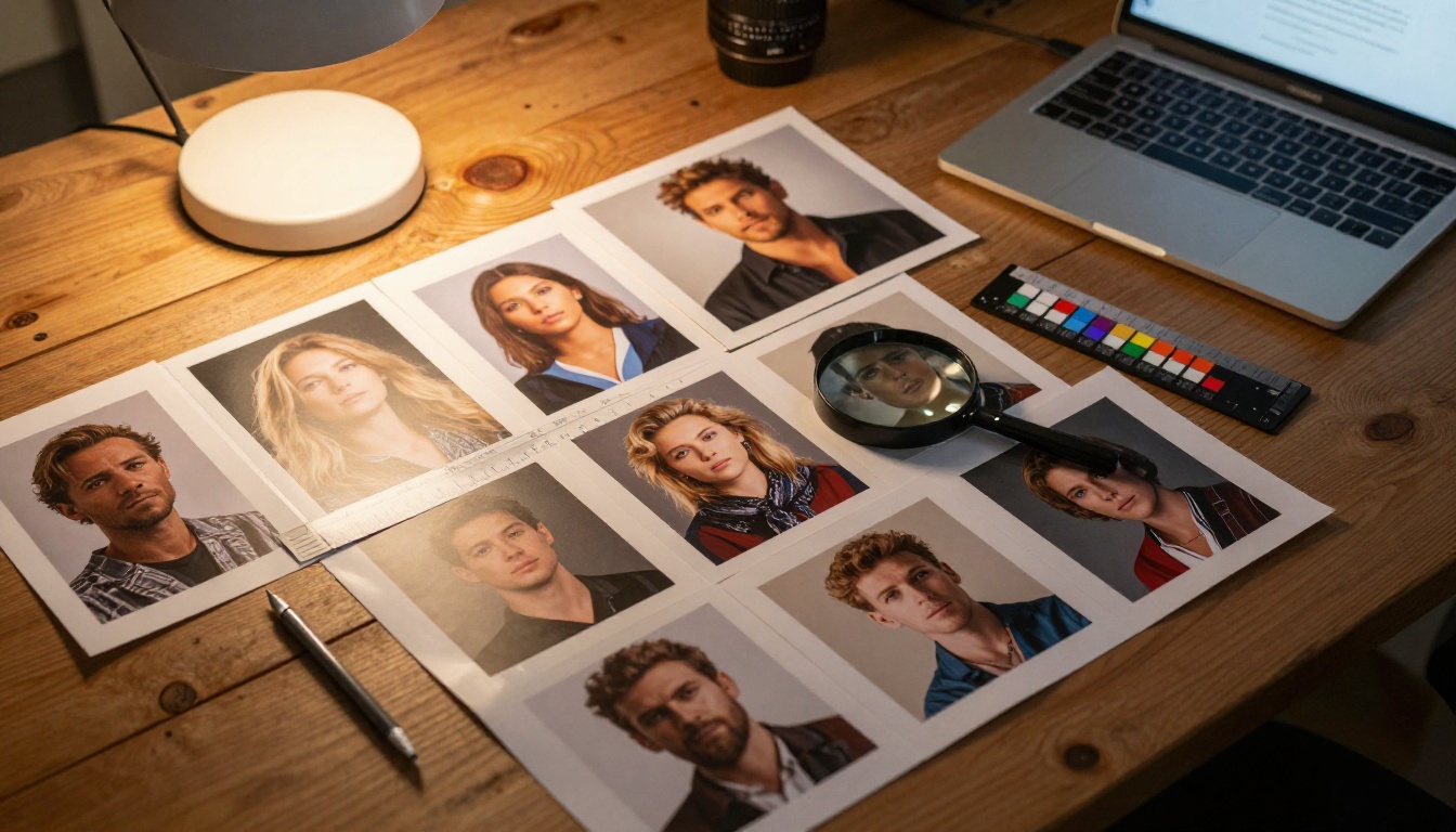 Overhead flat-lay of printed 4K AI-generated portraits organized in a grid on a studio oak table