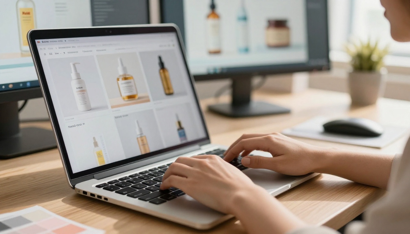 Marketing director at her desk reviewing product mockups on dual monitors