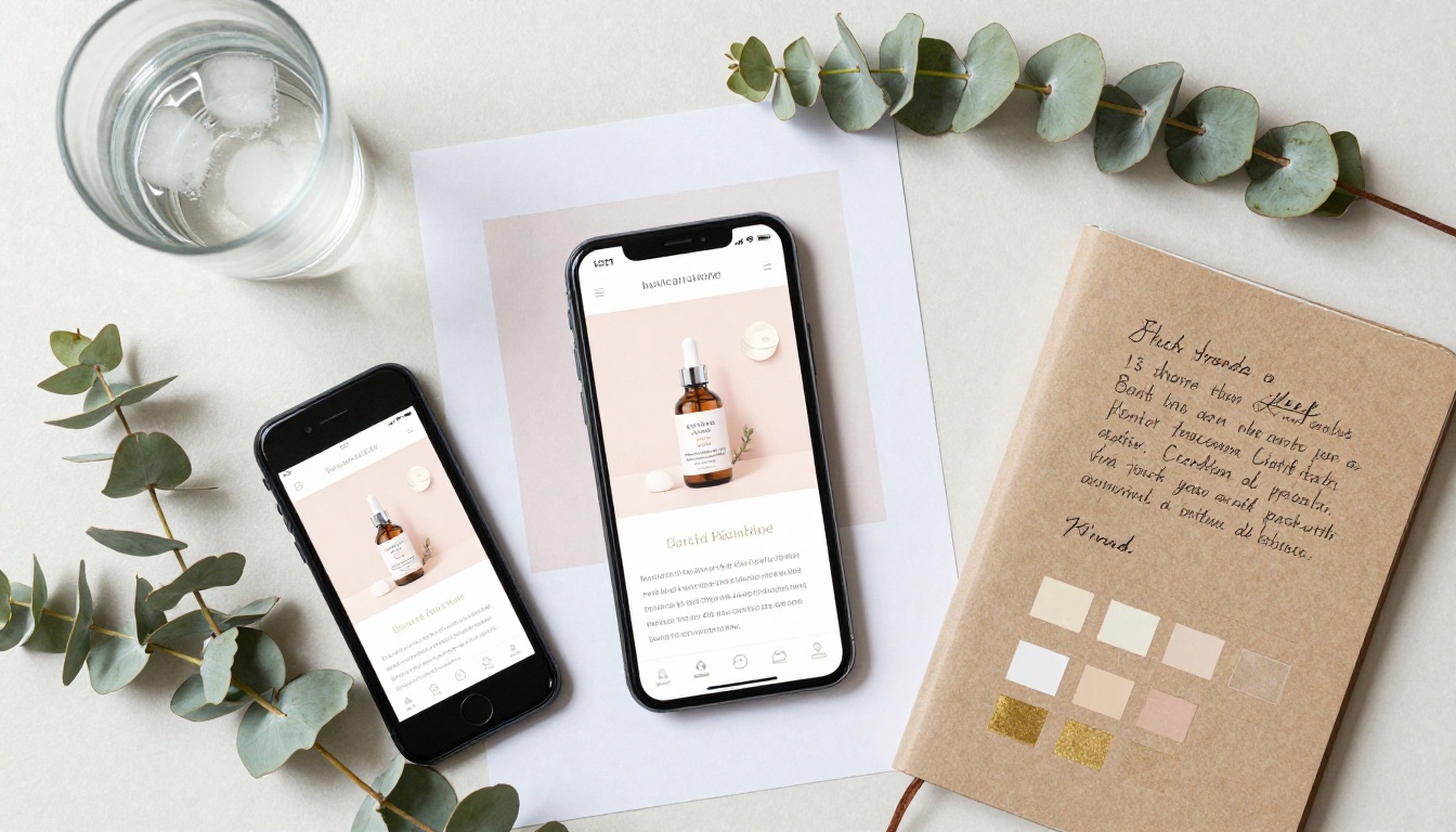 Flat-lay desk arrangement showing printed ad mockups with brand swatches