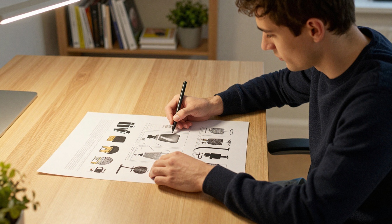 Male designer reviewing printed product mockup layouts at his desk
