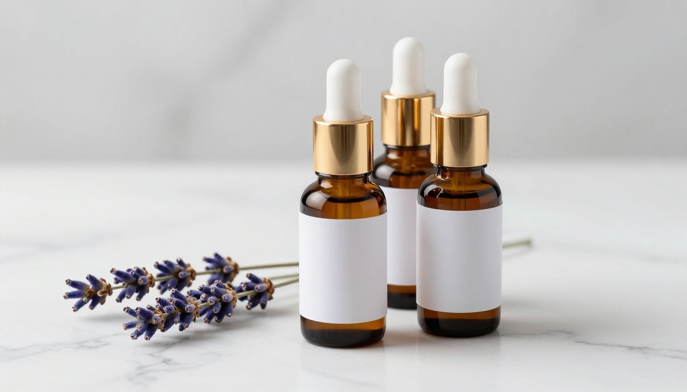 Three premium cosmetic bottles on marble surface for product mockup photography