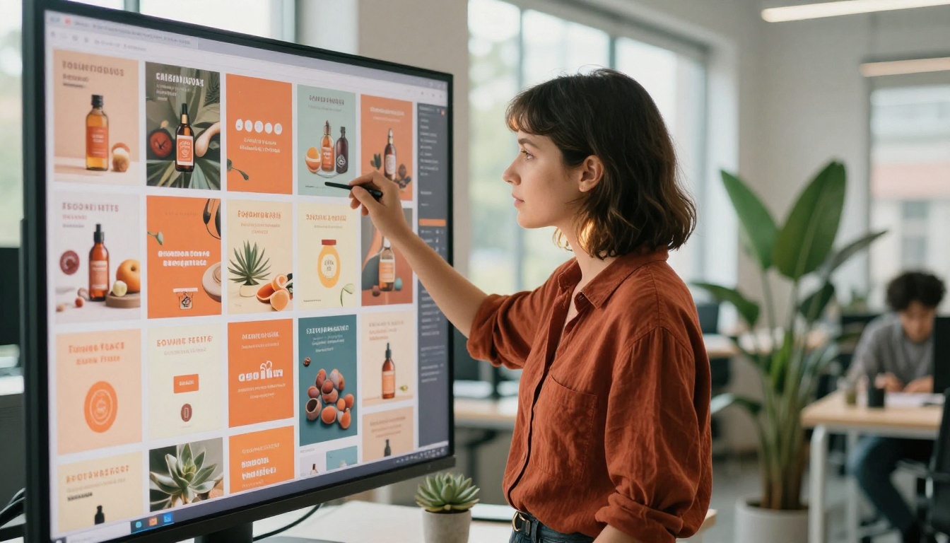 Woman reviewing campaign results on a vertical monitor in a co-working space