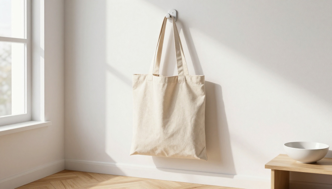 Branded canvas tote bag on white wall hook in minimalist studio with natural window light Branded canvas tote bag on white wall hook in minimalist studio with natural window light