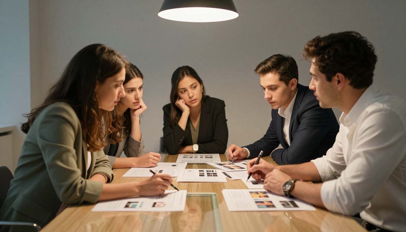 Marketing team reviewing printed ad mockups around a glass conference table Marketing team reviewing printed ad mockups around a glass conference table
