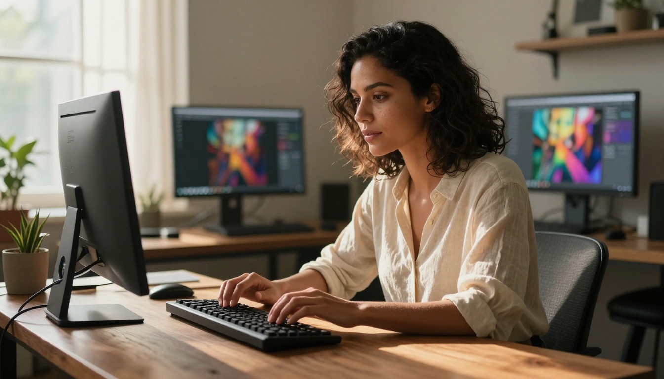Professional creative at a walnut desk in a sun-drenched loft studio reviewing AI-generated imagery on dual monitors