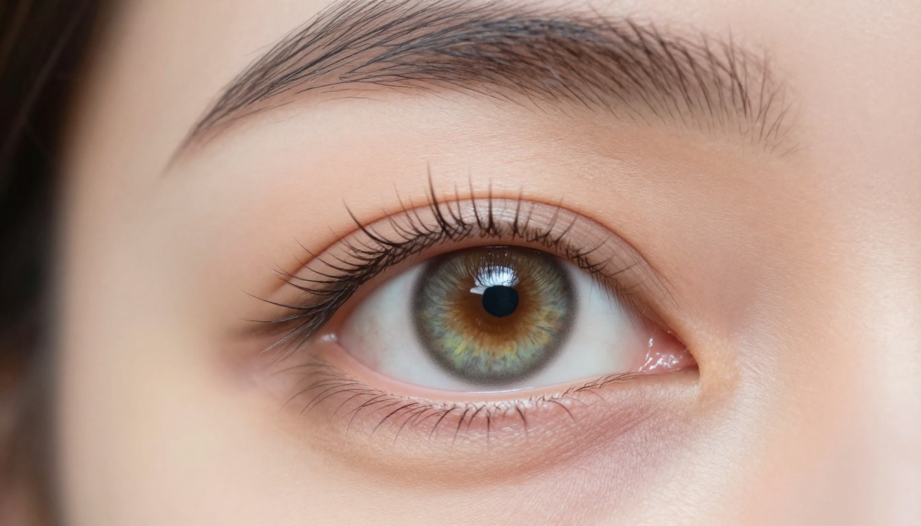 Macro close-up of a human eye with hazel iris showing crystalline iris detail and natural eyelashes