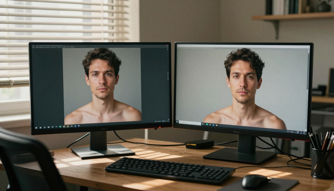A developer comparing AI-generated images across two monitors