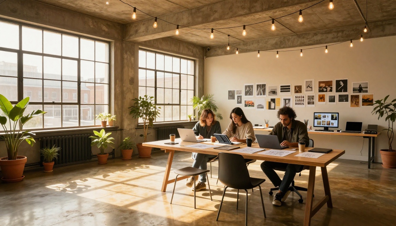 Wide-angle view of a modern creative studio with designers working at a long communal table in golden warehouse light