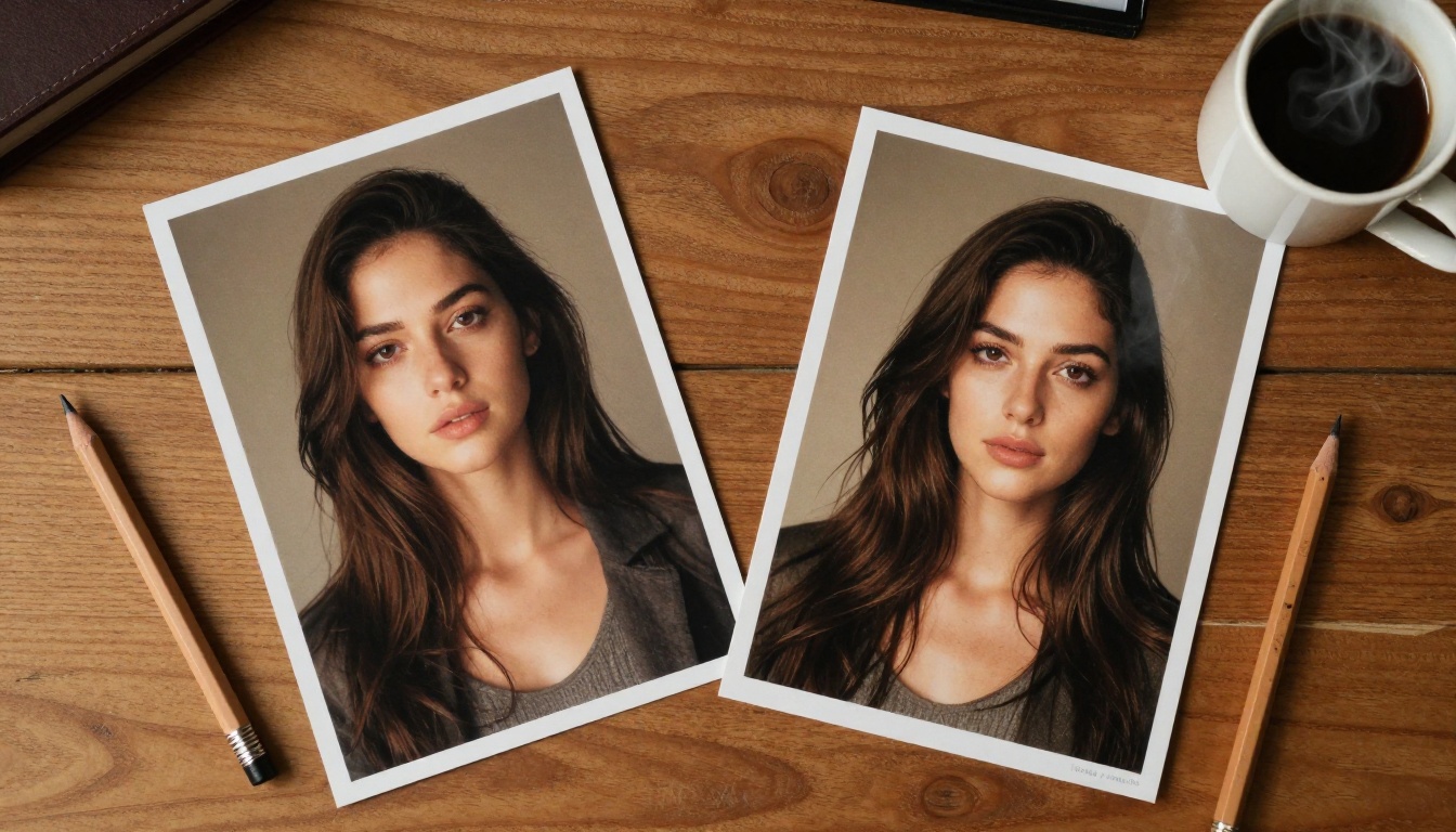 Two printed AI-generated portrait photographs placed side by side on a wooden desk