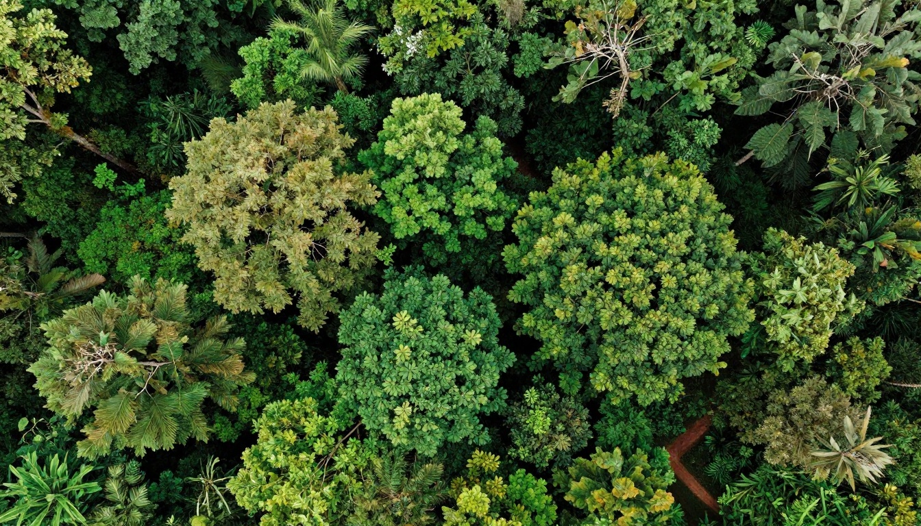 Aerial drone view looking straight down at a dense tropical forest canopy in vivid emerald and jade greens