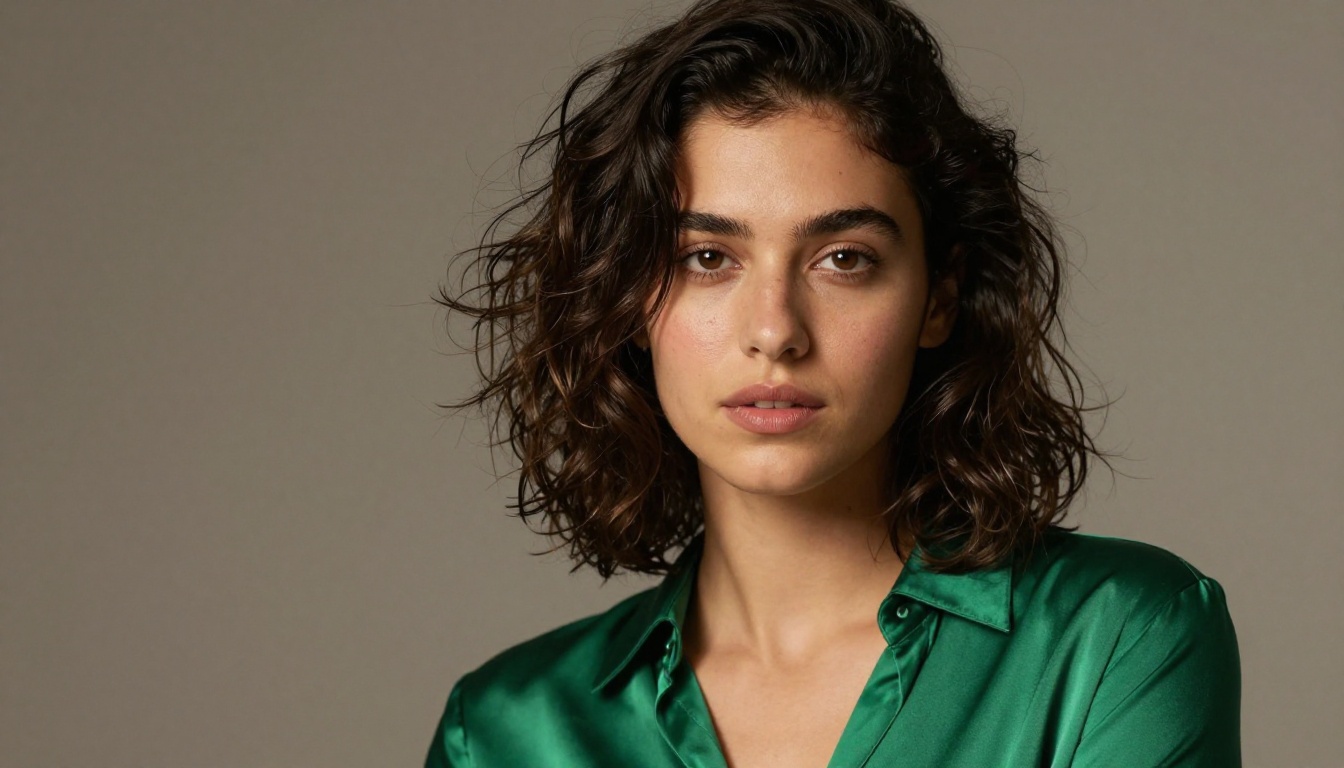 Photorealistic portrait of a woman with dark wavy hair in emerald green silk blouse