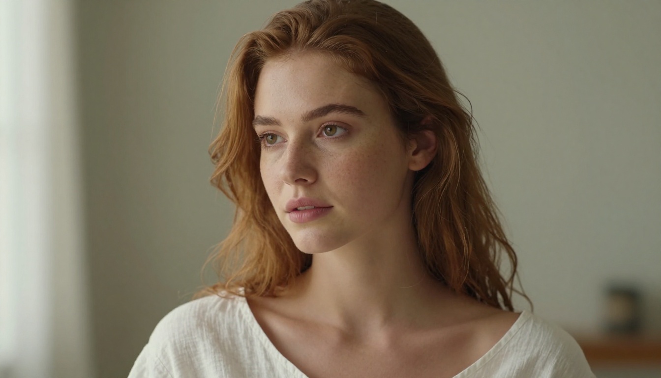 Close-up photorealistic portrait of a woman with auburn hair and natural skin texture Close-up photorealistic portrait of a woman with auburn hair and natural skin texture