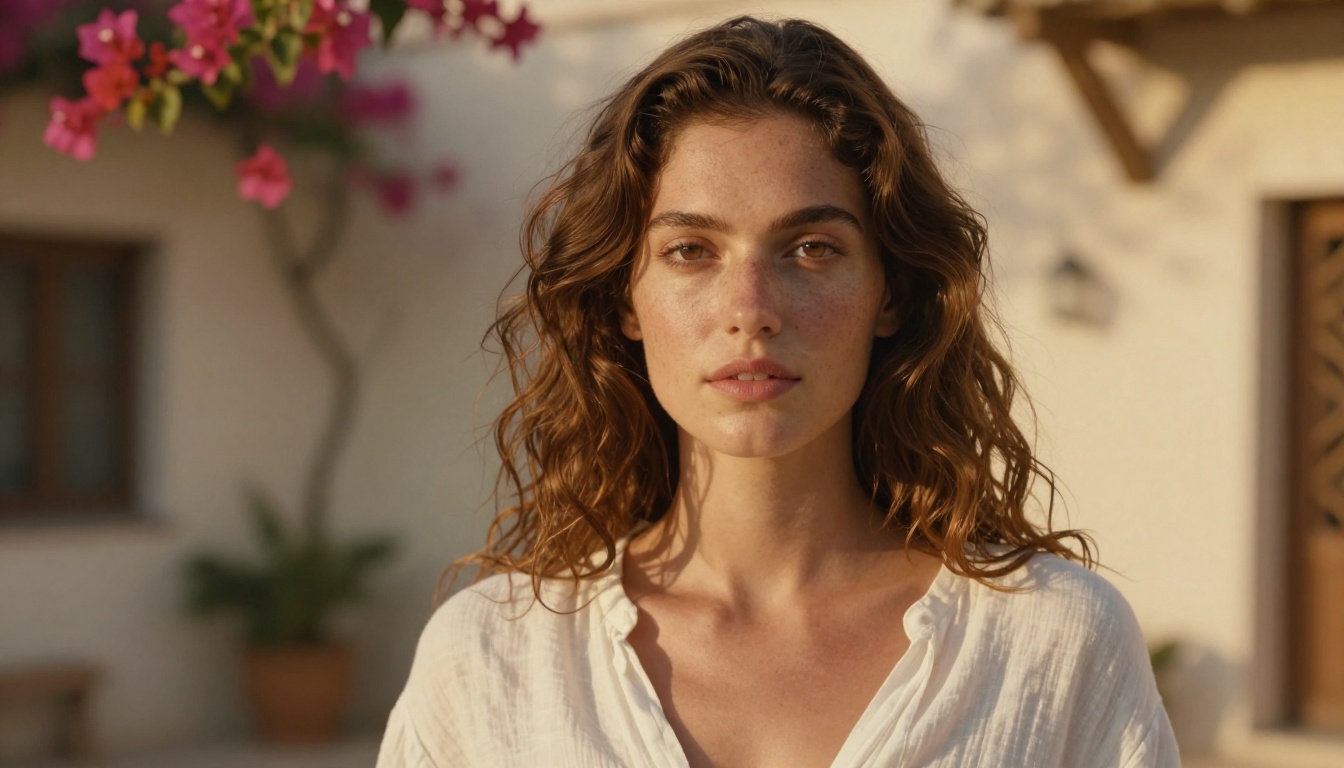Close-up portrait of a woman with honey-brown wavy hair in a Mediterranean courtyard with golden hour light and bokeh bougainvillea