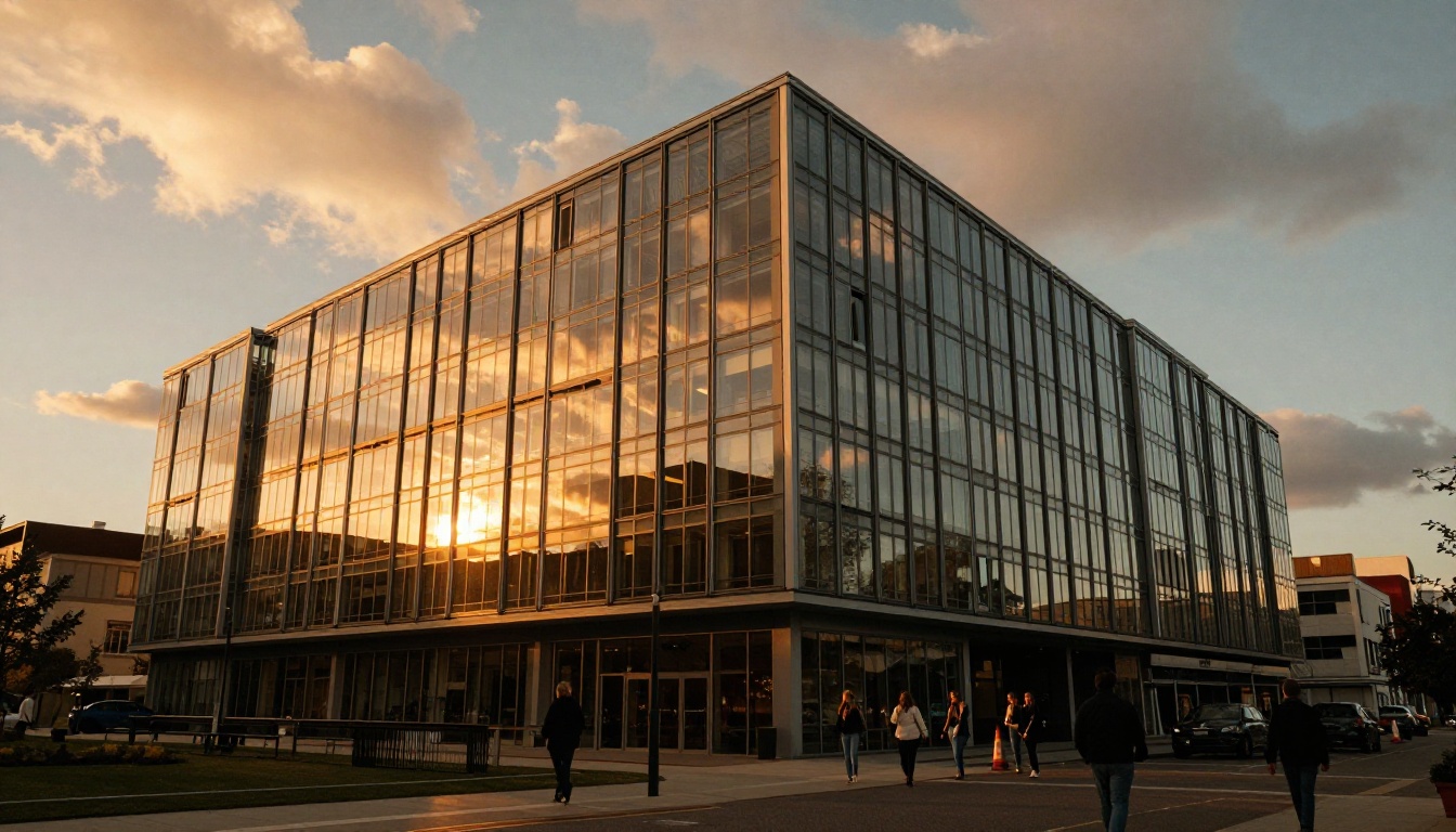 Wide-angle low-angle photograph of a modernist glass building at golden hour