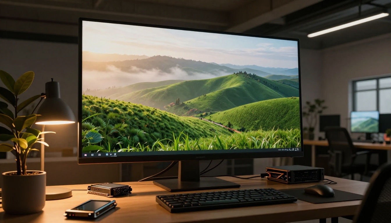 AI creative studio with large monitor displaying photorealistic AI-generated imagery and warm tungsten light