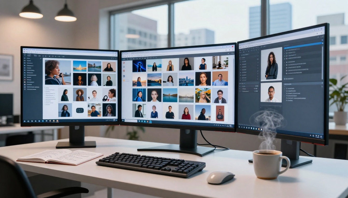 AI creative workspace with ultrawide monitor showing image generation interface AI creative workspace with ultrawide monitor showing image generation interface