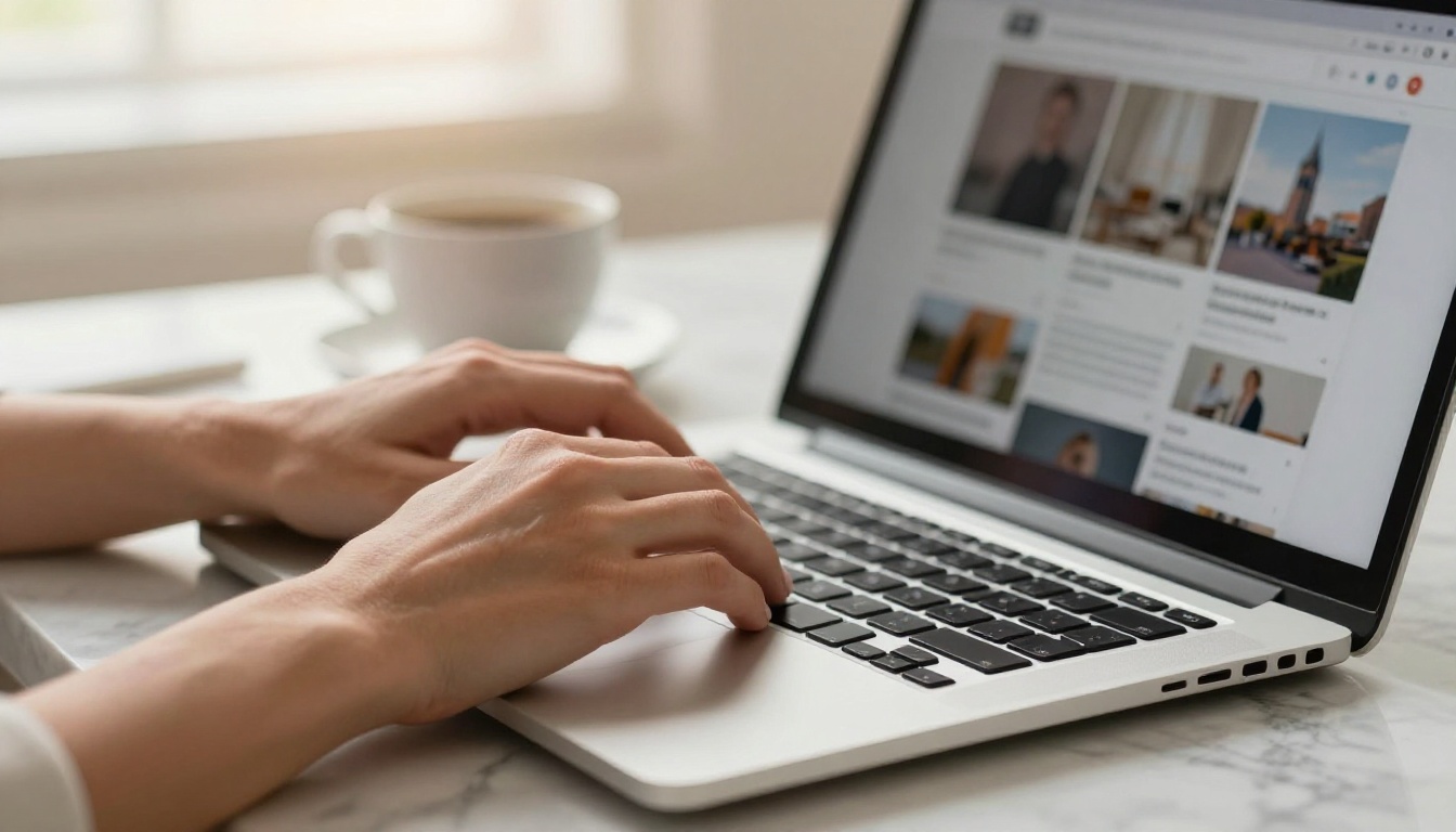 Creative professional studying web search results and AI image interface at a golden hour desk setup