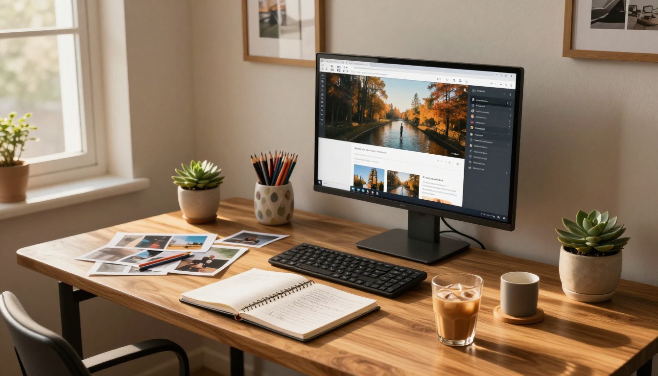 Aerial top-down view of a creative professional's organized desk with monitor showing AI image generation interface