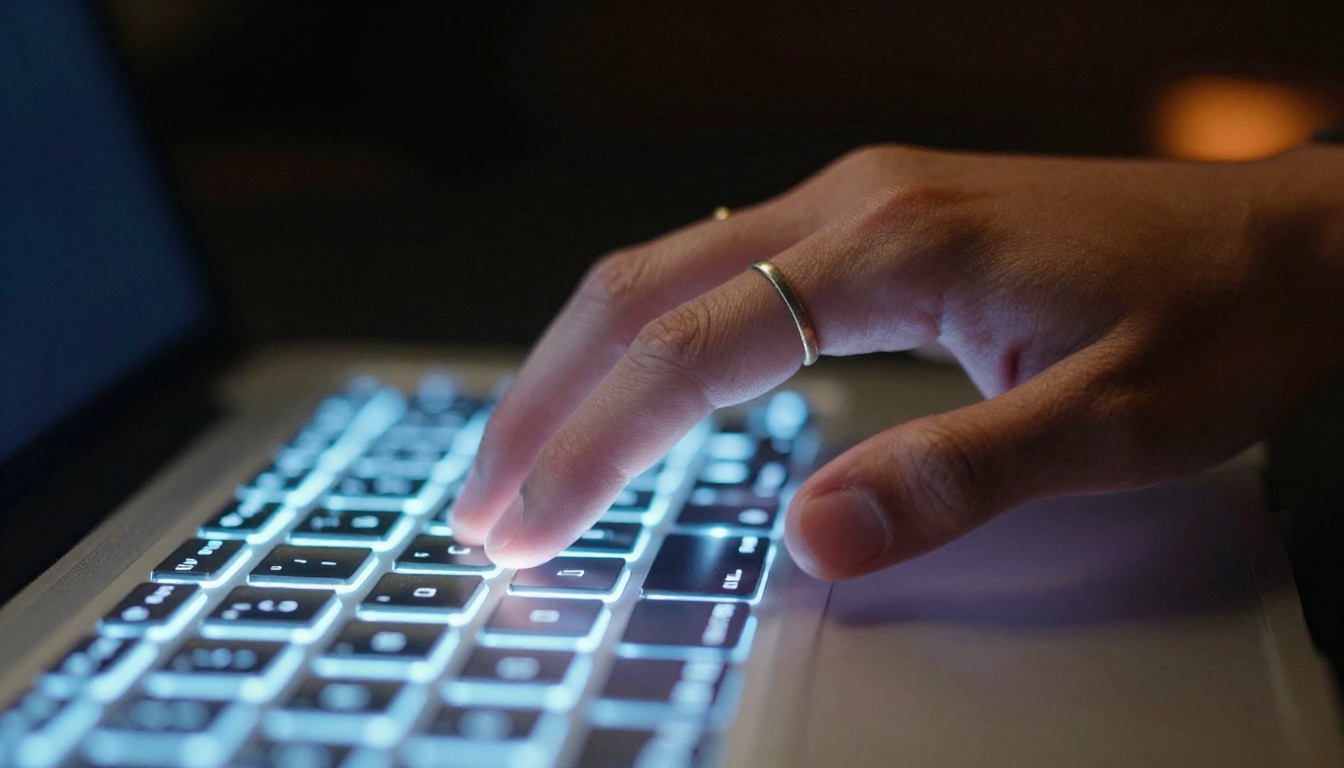 Close-up of a hand hovering above a glowing laptop keyboard in a dark room with warm amber desk lamp contrast Close-up of a hand hovering above a glowing laptop keyboard in a dark room with warm amber desk lamp contrast
