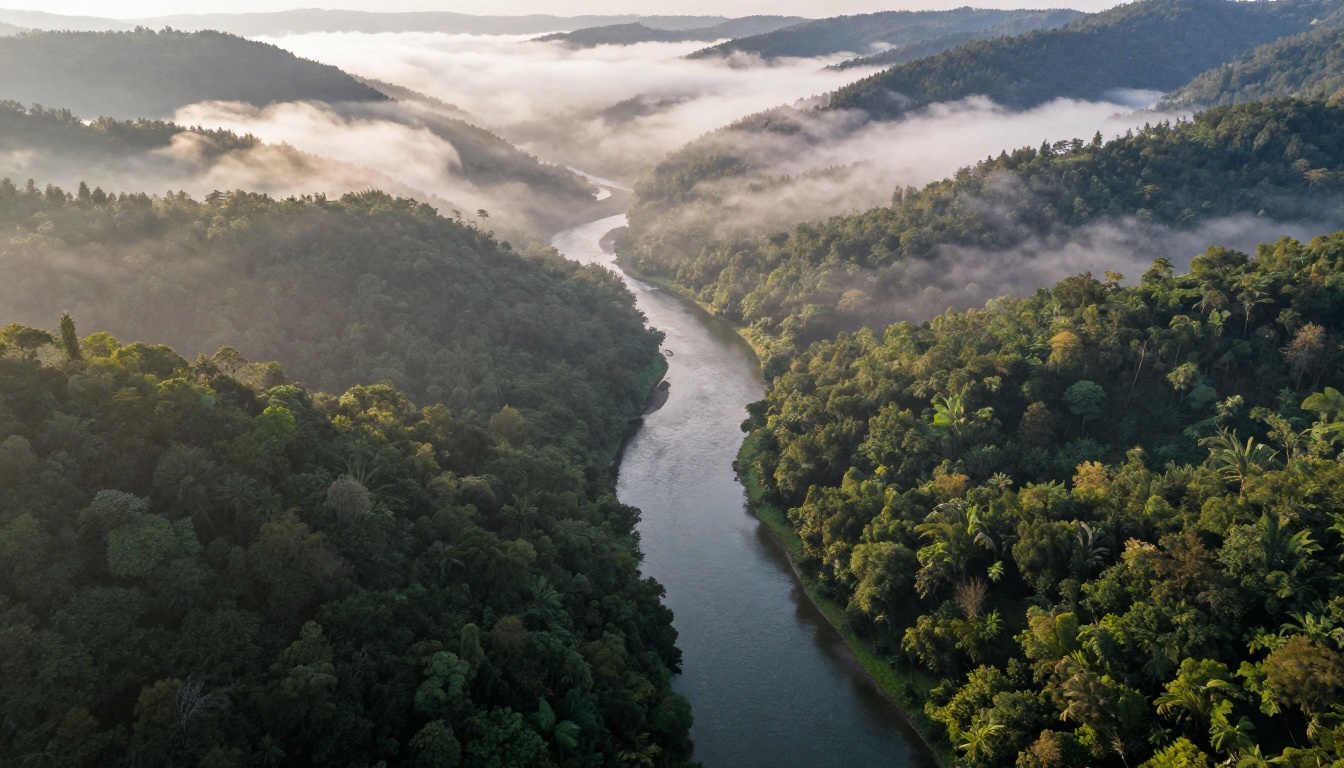 Aerial drone photograph of a river valley at dawn with morning mist and forest