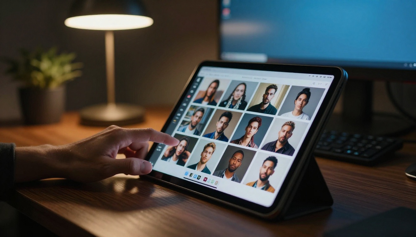 Hands scrolling through AI-generated portrait image gallery on a tablet in a warm moody home office with pendant lamp