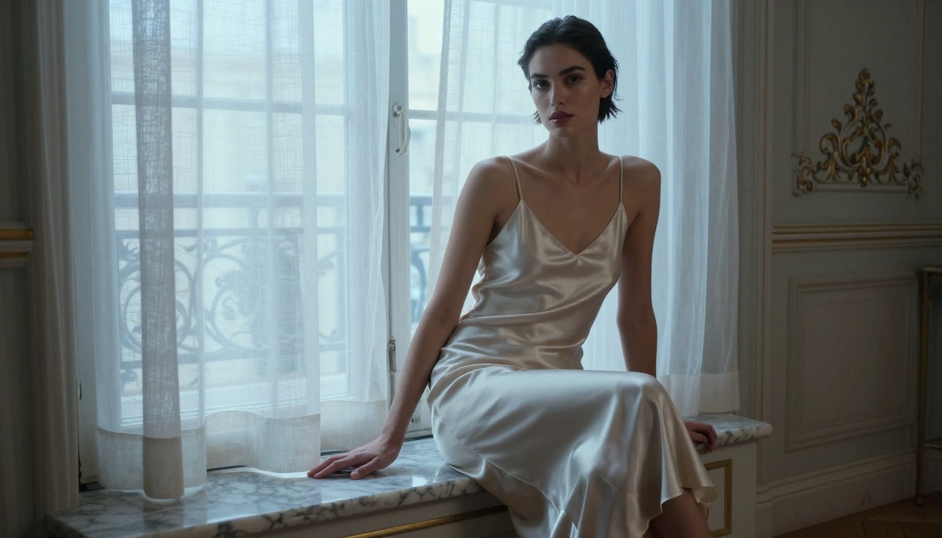Fashion model woman in silk ivory slip dress on a marble ledge in a Parisian apartment with late afternoon diffused light