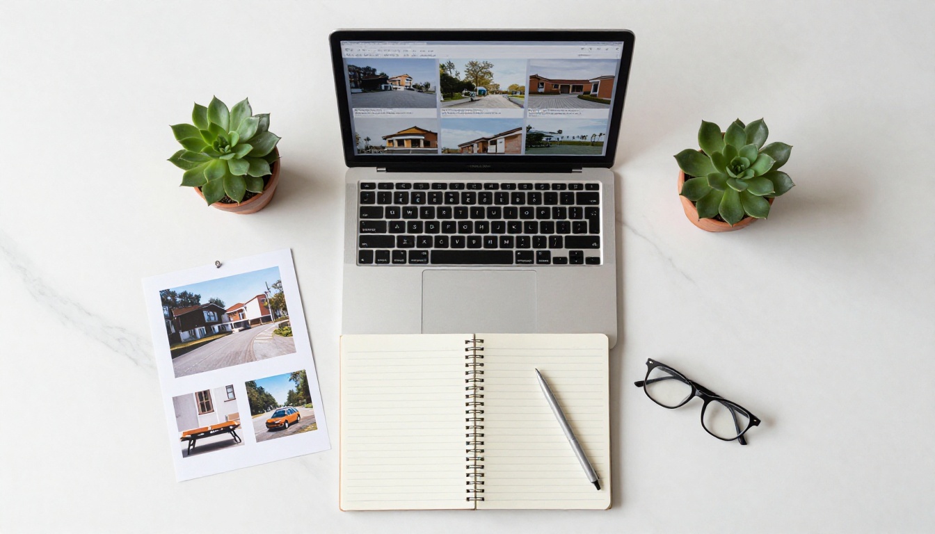 Aerial flat-lay of laptop, notebook, photos, and succulent on marble desk surface Aerial flat-lay of laptop, notebook, photos, and succulent on marble desk surface