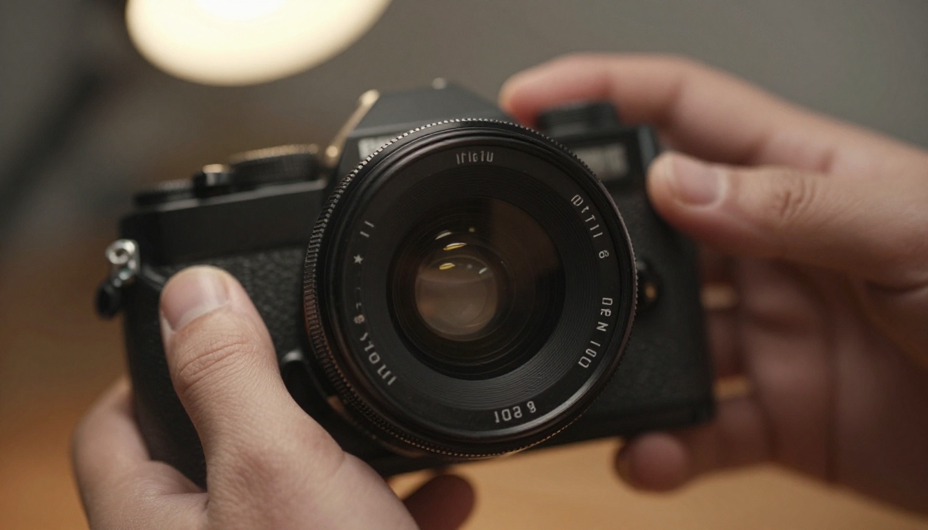Close-up macro photograph of photographer hands adjusting a vintage camera lens