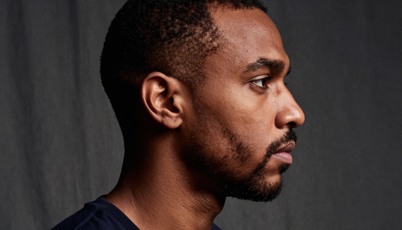 Side-profile portrait of a man with dark skin in dramatic Rembrandt lighting showing fine facial texture and beard detail Side-profile portrait of a man with dark skin in dramatic Rembrandt lighting showing fine facial texture and beard detail