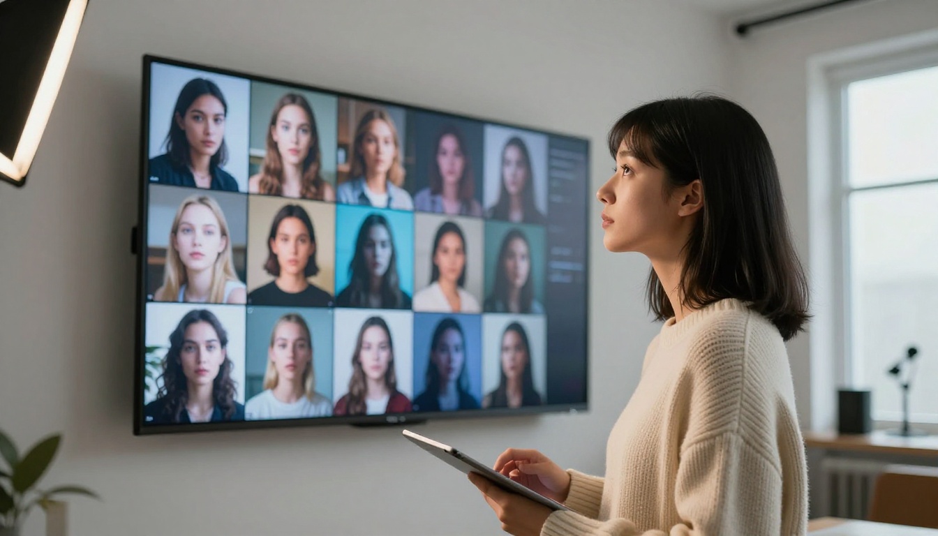 Woman standing confidently in front of a large display screen showing a grid of AI-generated photorealistic images