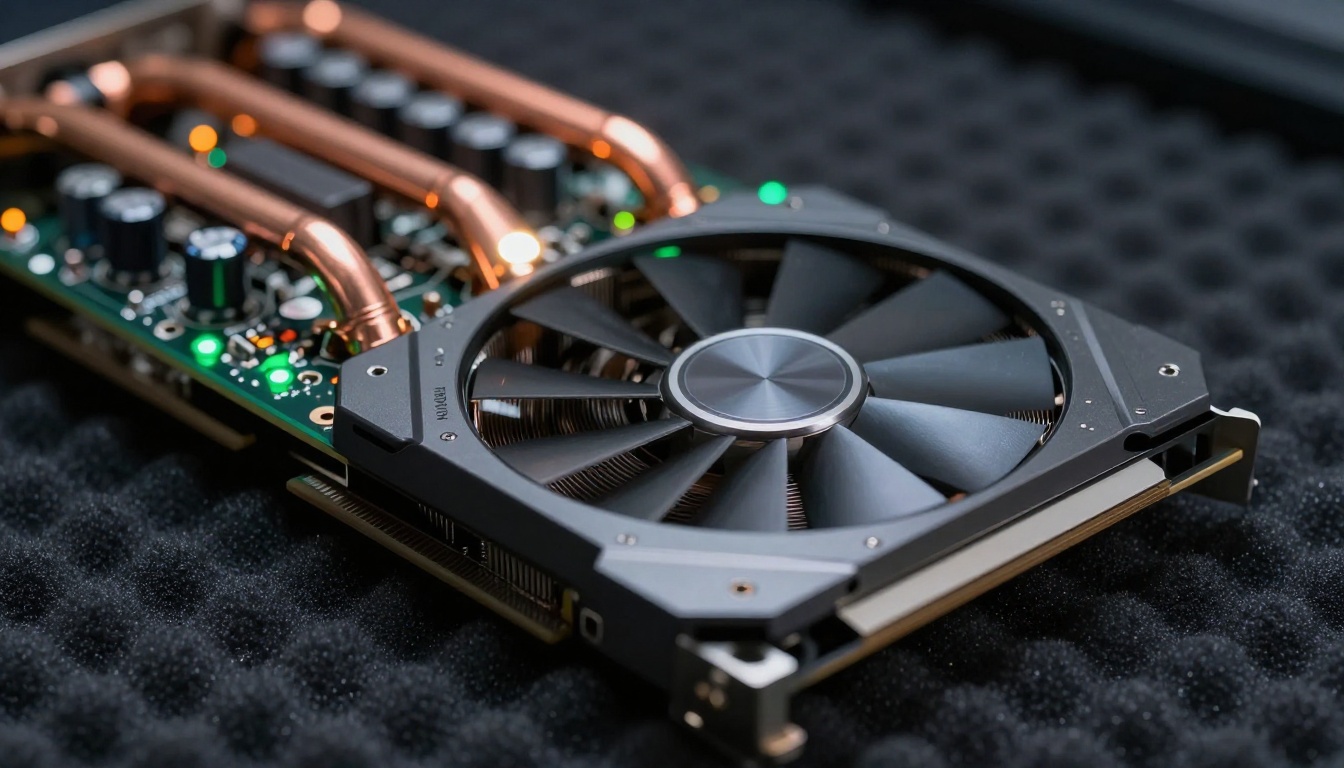 Macro close-up of a GPU graphics card with copper heat pipes and detailed PCB circuitry, dark background with status LEDs bokeh
