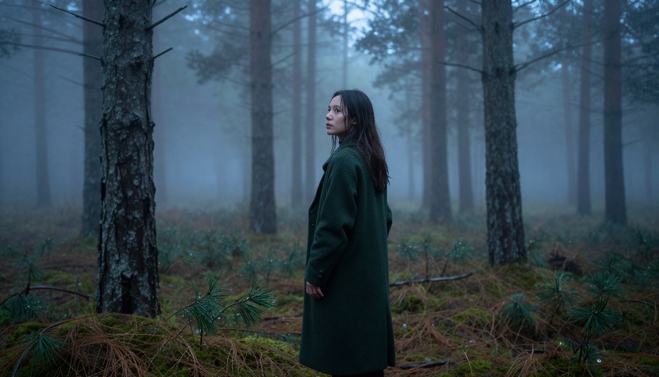 Moody atmospheric portrait of a woman in a misty pine forest at dawn Moody atmospheric portrait of a woman in a misty pine forest at dawn