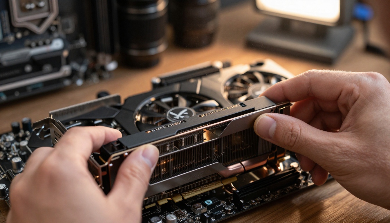 Close-up of NVIDIA GPU installation into a motherboard PCIe slot for local AI inference setup