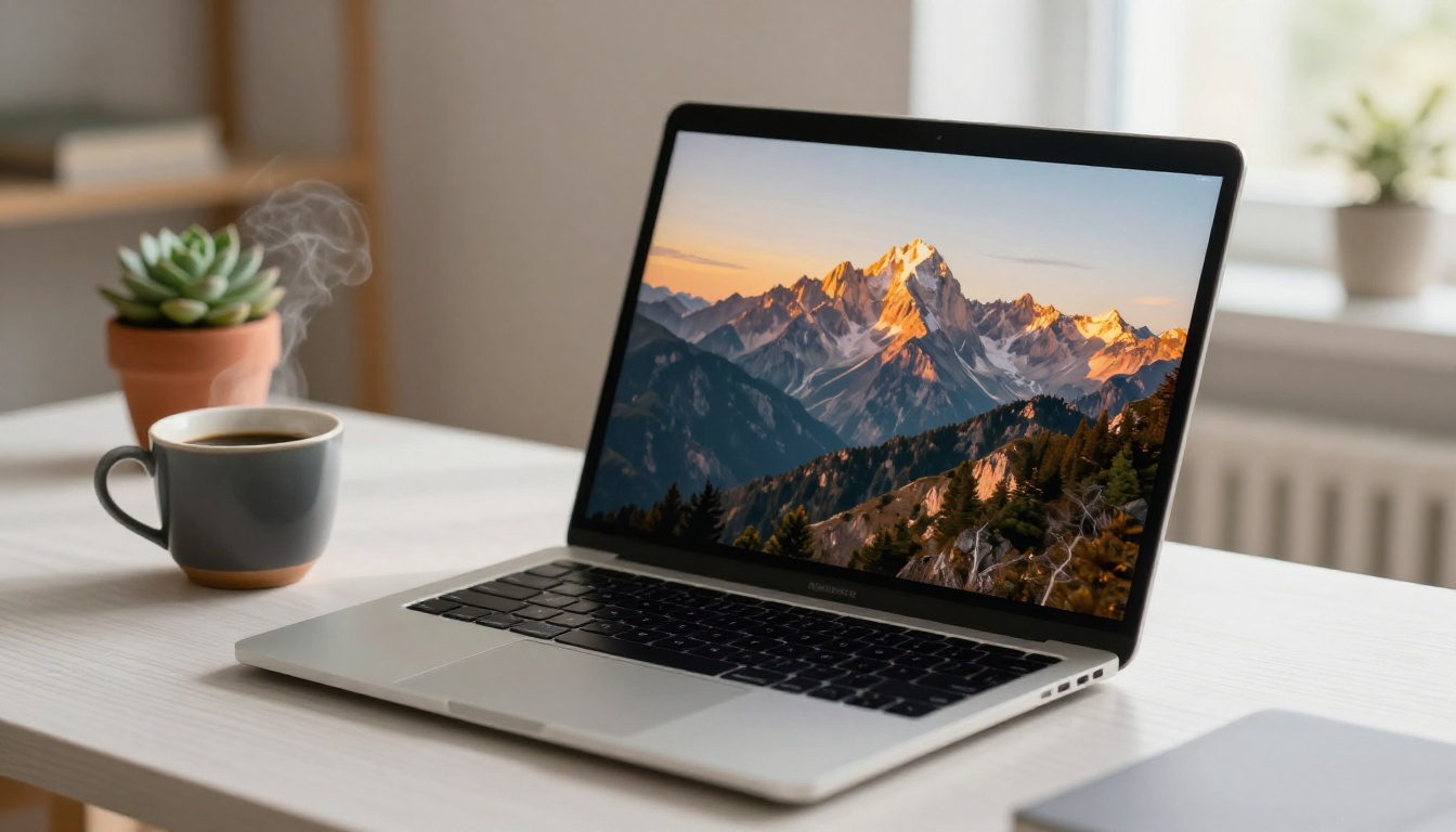 A laptop displaying AI-generated photorealistic imagery on a clean Scandinavian desk setup