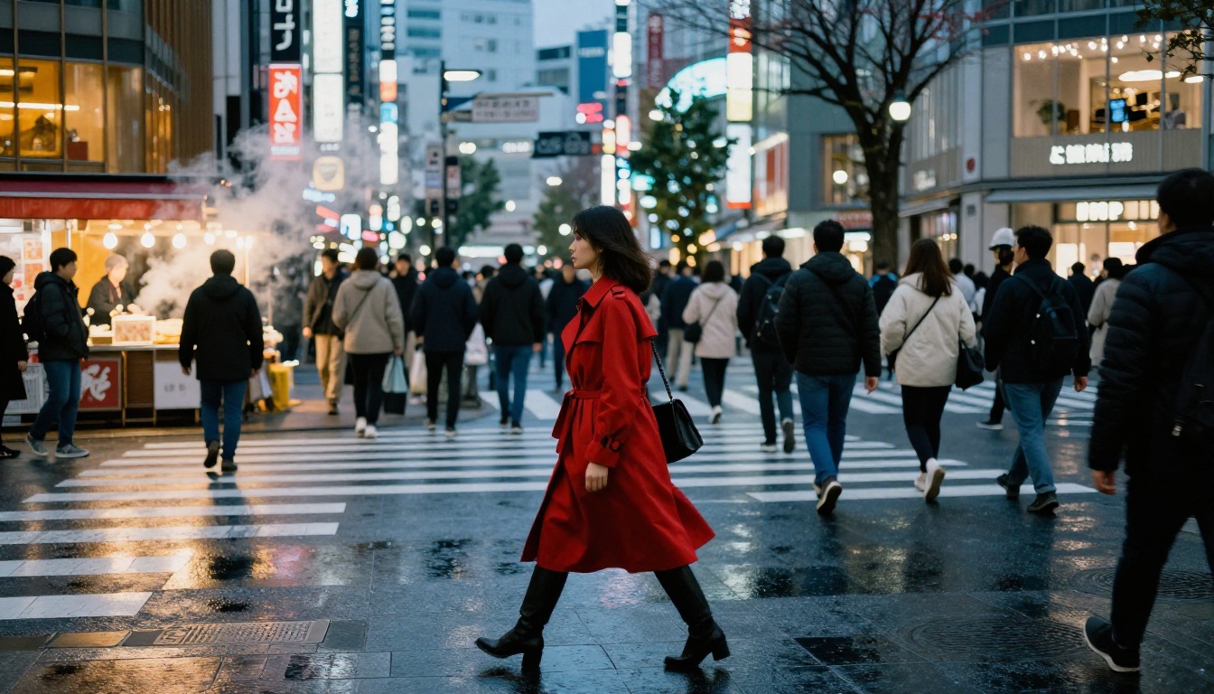 Tokyo blue hour street scene with a woman in a red trench coat walking through the crowd