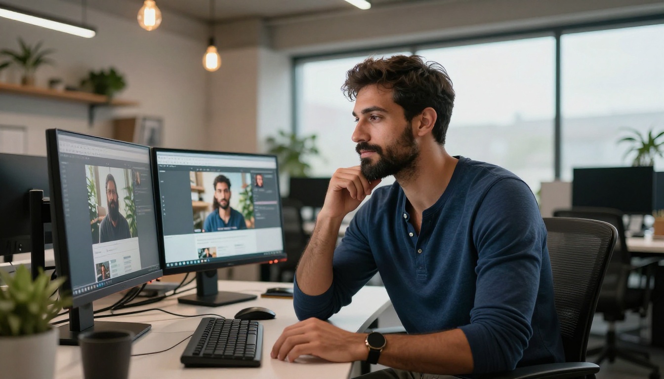Male creative director studying dual monitors comparing web-sourced reference images with AI-generated outputs
