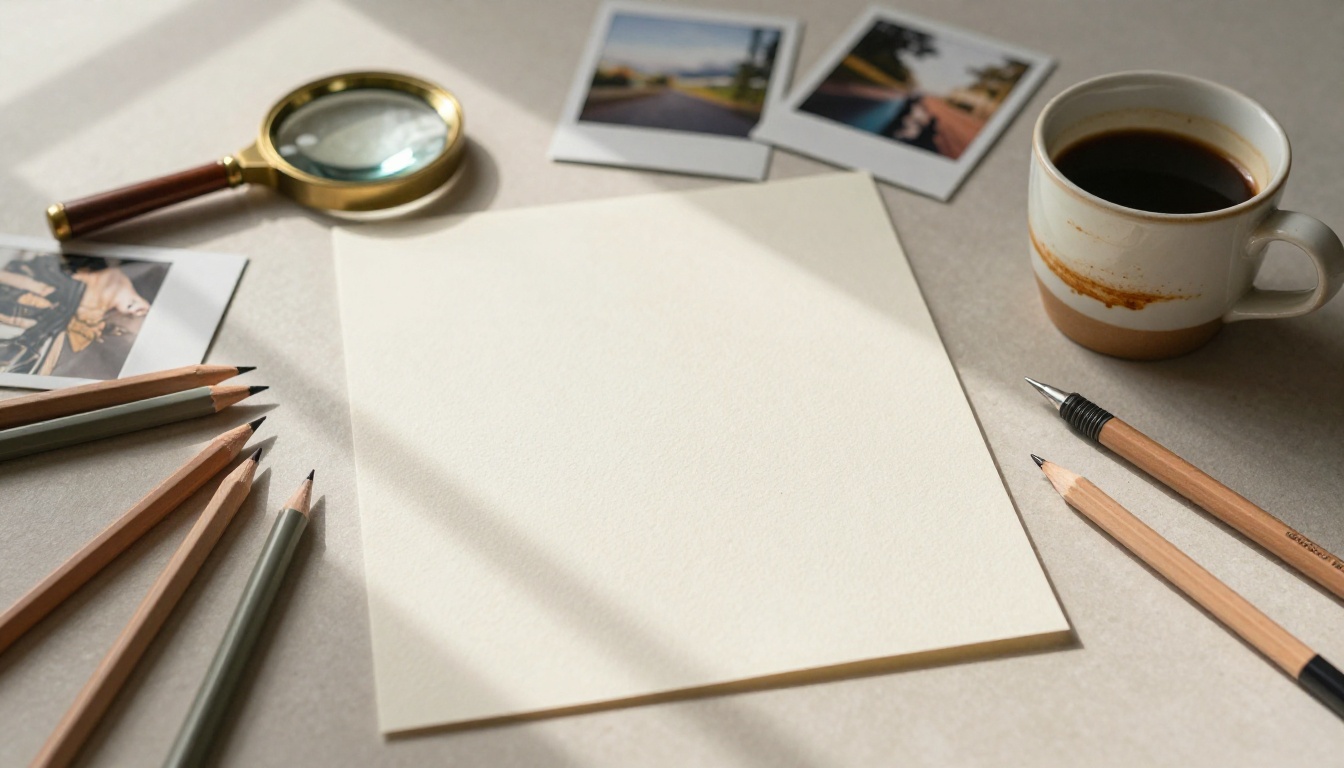 Flat lay overhead of a creative work surface with colored pencils, polaroid photographs, brass magnifying glass and watercolor paper in soft natural light Flat lay overhead of a creative work surface with colored pencils, polaroid photographs, brass magnifying glass and watercolor paper in soft natural light
