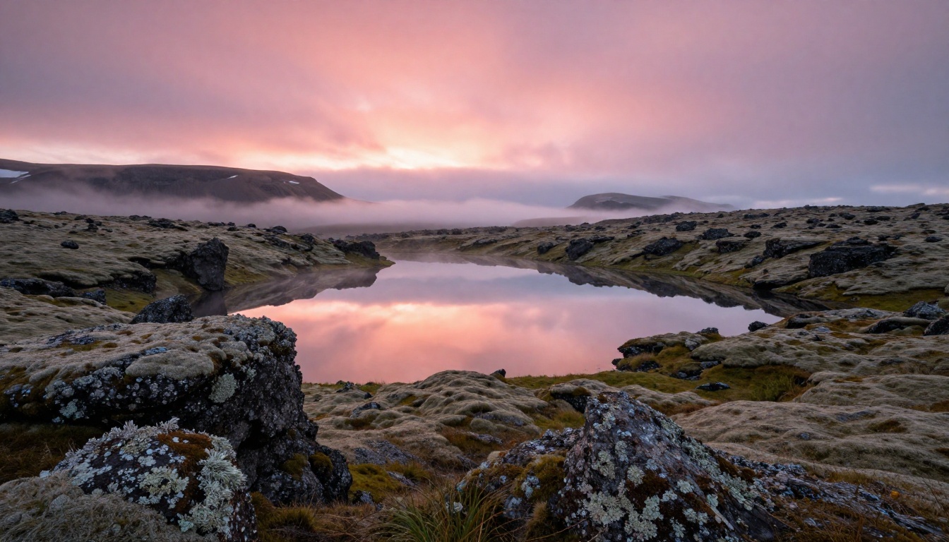 Wide shot of Icelandic highland landscape at dawn with volcanic black rocks, glacial lake reflecting pastel pink sky, and mist between formations